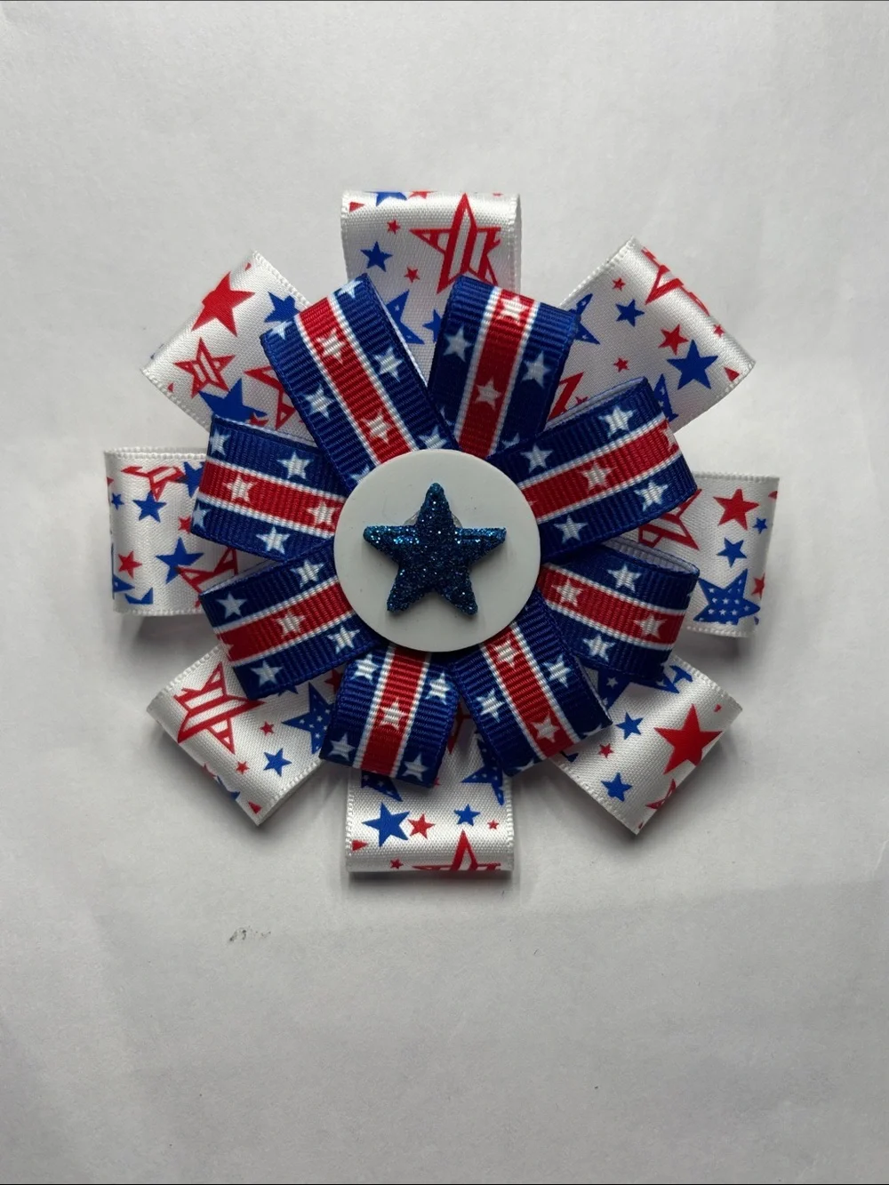 Patriotic Star Ribbon Hair Bow - Red, White & Blue